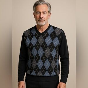 Neiman Marcus Wool Blend Argyle Sweater Men’s Size Large Black Blue Gray
